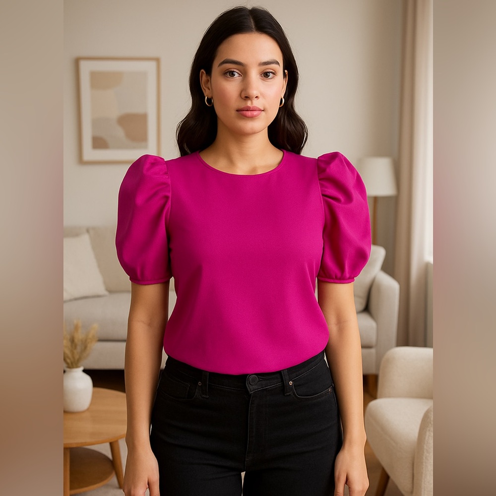 SHEIN Women’s Fuchsia Puff Short Sleeve Blouse Top Size Large